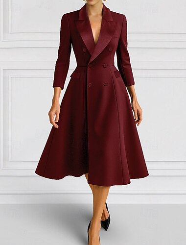  A-Linie Blazer Kleid Brautmutter Kleid Smoking Kleid Elegant Einfach Minimalistisch V-Ausschnitt Spitzrevers Tee-Länge Midi-Länge Klappentaschen Stretch Crepe 3/4-Länge Ärmel mit überzogenen Knöpfen