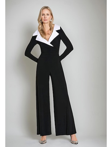 Dames Jumpsuits Formeel Bruiloft gast Stretch crêpe Elegant Eenvoudig minimalistische Lange mouw Tot de enkel Gekerfde revers