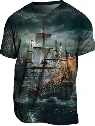  Herren Graphic Schiff Nautisch T Shirt Tee Kurzarm T-Shirt 3D-Druck Rundhalsausschnitt Hemd Vintage Modisch Designer Outdoor Casual Täglich Blau Purpur Grün Frühling Sommer Bekleidung S M L XL 2XL