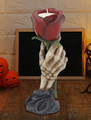  żywiczny świecznik w klimacie Halloween z dekoracją w postaci róży palcowej i czaszki, upiorna figurka do dekoracji domu