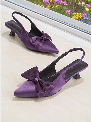  Damen-Slingback-Pumps mit spitzer Zehenpartie und violetter Satinschleife – elegante Schuhe im Vintage-Stil der 50er Jahre für Partys, Hochzeiten und formelle Anlässe