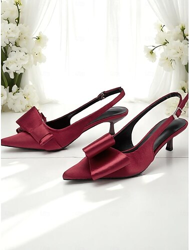  Rote Slingback-Pumps aus Satin für Damen, spitze Abendschuhe mit übergroßer Schleife für formelle Anlässe und Abendveranstaltungen