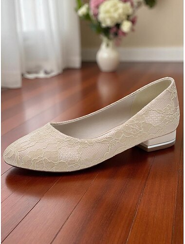  Zapatos de novia de tacón bajo con encaje color marfil para mujer, elegantes zapatos de novia sin cordones con punta redonda para ceremonias formales y eventos de recepción.