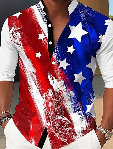  Tag der Unabhängigkeit Herren US Flagge Patriotisch Vierter Juli Hemd Stehkragenhemd Lässiges Hemd Langarm Lässig Ferien Sommer Frühling Mandarinkragen Stehkragen 3D-Druck Hemden mit Knopfleiste Wei