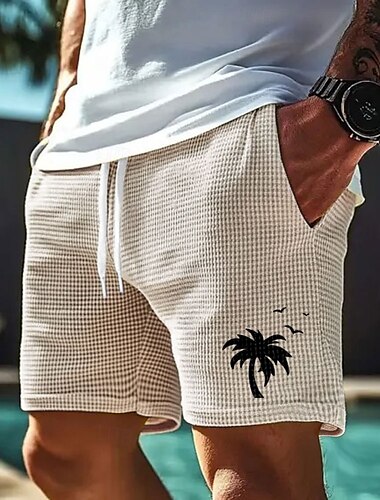  Herren Kokospalme Tropische Pflanzen Waffel-Shorts Sweat-Shorts Freizeitshorts Mittlere Taille Modisch lässig Urlaub Joggen Trainieren Elastischer Kordelzug in der Taille Shorts mit Taschen Designer