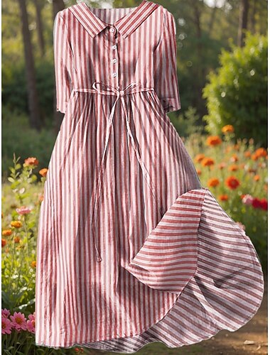  Damen Midikleid Shiftkleid Lässig Täglich Normale Passform Grafik Gestreift Halbarm Hemdkragen Rote Blau Purpur Grün Sommer Frühling