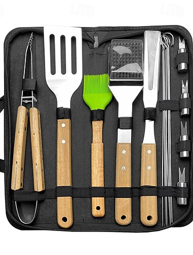 Camping-Grillbesteck-Set mit Gabel, Spatel, Zange und Holzgriff, Grillzubehör aus Edelstahl, tragbare Tragetasche für Camping im Freien, Picknick, Heckklappe