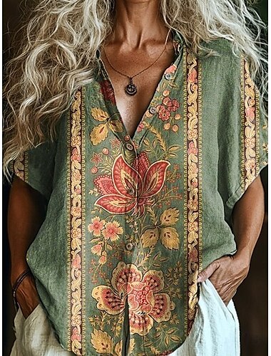  Damen Hemd Blumen Grafik Bohemien Vintage Tropisch Kurzarm Hemdkragen Normale Oberteile Täglich Rosa Rote Leicht Braun Orange Grün Sommer Frühling