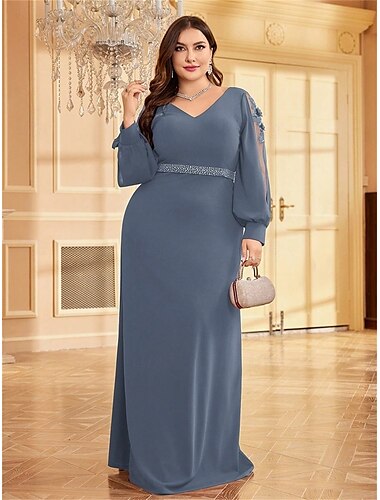  A-Linje Plus Size Klänningar Elegant Curve Klänning Formell Bröllop Golvlängd Långärmad V-Uttag Chiffon med Beading 2025