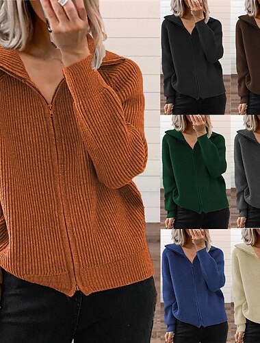  Damen Pullover Strickjacke Elegant Mode Streetwear Einfarbig Hemdkragen Reißverschluss Gestrickt Langarm Normale Oberteile Stricken Outdoor Täglich Wochenende Schwarz Blau Herbst Winter