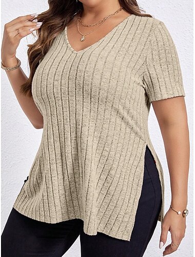  Damen Übergröße Oberteile T Shirt Einfarbig Grafik Kurzarm V Ausschnitt Lässig Täglich Polyester Sommer Frühling Schwarz Wein
