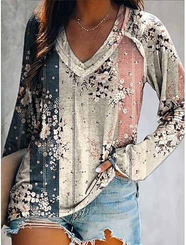  Damen T Shirt Blumen Grafik Geometrisch Vintage Western Lässig Langarm V Ausschnitt Normale Oberteile Täglich Wochenende Urlaubskleidung Druck Gelb Wein Pudriges Rosa Frühling Herbst