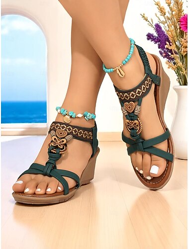  Women's Dark Green Bohemian Wedge Sandals with Braided Straps – Ideal for Island and Cruise Getaways