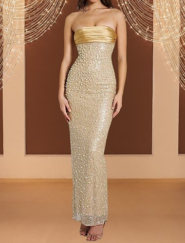  Gold Pailletten Kleid Meerjungfrau  Trompeten Abendkleid elegantes Kleid formelles semi-formelles Hochzeitskleid bodenlang Maxikleid ärmellos trägerlos plissierter Satin mit Perlenbestickung