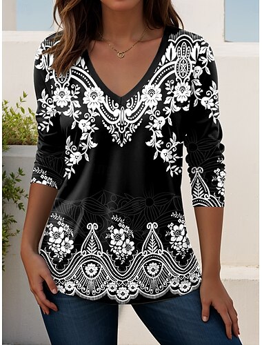  Per donna Maglietta Grafico Piante Vintage Elegante Bohemien Vintage Manica Lunga Scollo a V Top Regolari Quotidiano Uscire Weekend Stampato Nero Bianco Rosa Rosa polverosa Rosso Primavera Autunno