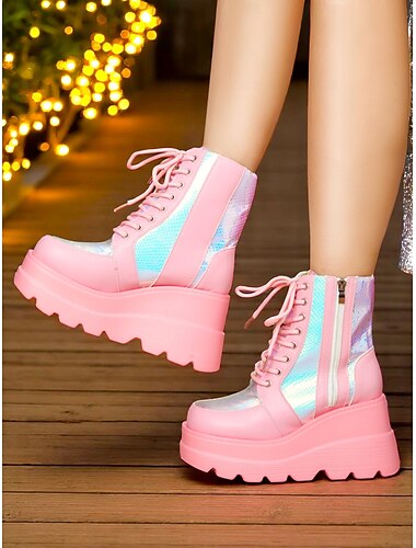  Rosa Plateau-Kampfstiefel für Damen, holografische Schnürstiefeletten mit klobigem Absatz und seitlichem Reißverschluss, mutiger Streetstyle für Nachtleben- und Party-Outfits