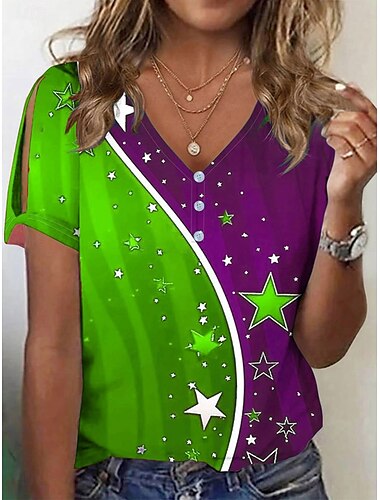  Maglietta patriottica da donna Grafica Bandiera Vintage Elegante Classica Maniche Corte Collo a V Top Regolari Stampa Rossa Viola Verde Estate Primavera