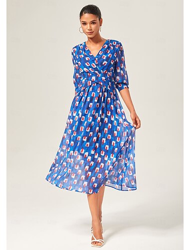  Femmes Féminin Robe Longue Maxi Robe Bleu Manche Courte Géométrique Été Col en V Vacances XS S M