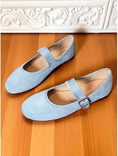  Hellblaue Mary-Jane-Ballerinas aus Wildleder für Damen mit Schnallenriemen – bequeme Schuhe im Vintage-Stil für legere Verabredungen und den Alltag