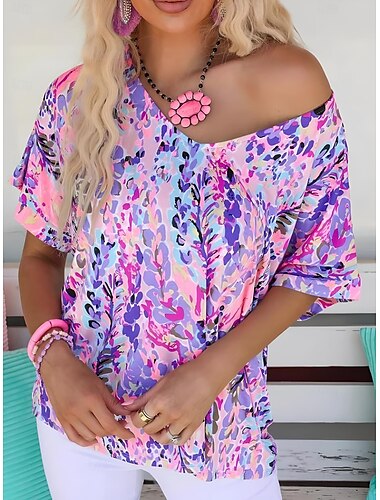  Dame Boho skjorte Blomstret Grafisk Abstrakt Årgang Stilfuld Klassisk Kortærmet V-hals Almindelige toppe Daglig Trykt mønster Lyserød Lilla Rosa Grøn Sommer Forår