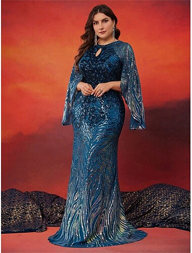  Meerjungfrau  Trompete Plus Size Kleider Elegantes Curve Kleid Formelle Hochzeit Bodenlänge Langarm Rundhalsausschnitt Polyester mit Schlitz 2025