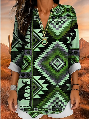  Damen Bluse Ombre Grafik Tiermotiv Bohemien Vintage Tropisch Langarm V Ausschnitt Normale Oberteile Täglich Ferien Strandbekleidung Druck Rote Blau Purpur Grün Sommer Frühling