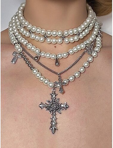  Collana multistrato con perle, rose e crocifisso gotico da donna - collana multifilo vintage per feste di Halloween e occasioni vintage