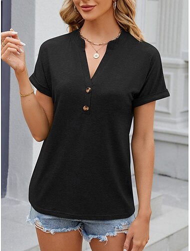  Damen T Shirt Einfach Mode Stilvoll Klassisch Kurzarm V Ausschnitt Normale Oberteile Täglich Wochenende Knöpfe Schwarz Weiß Blau Grün Sommer