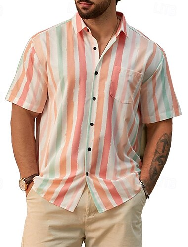  Herren Hemd Sommerhemd Freizeithemd Strandhemd Knopfhemd Rosa Orange Grün Kurzarm Streifen Revers Urlaub Hawaiianisch Bekleidung Polyester Mode Lässig Bequem