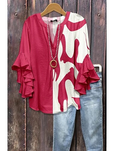  Damen Bluse Blumen Grafik Geometrisch Bohemien Vintage Täglich Dreiviertelarm Flattrige Ärmel V Ausschnitt Normale Oberteile Täglich Ferien Urlaubskleidung Rüsche Druck Schwarz Rosa Blau Orange Braun