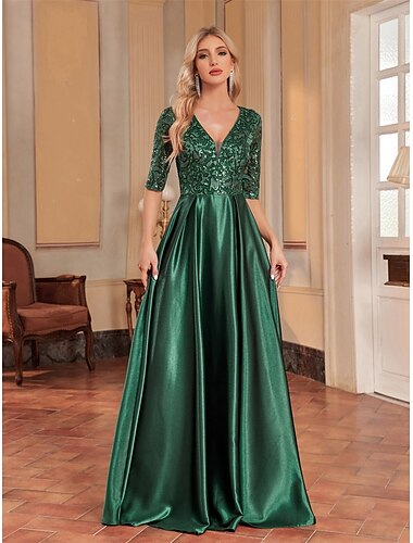  A-Linie Quinceanera-Kleider Elegant Kleid Formell Hochzeit Bodenlang Halbarm V Ausschnitt Satin mit Falten 2025