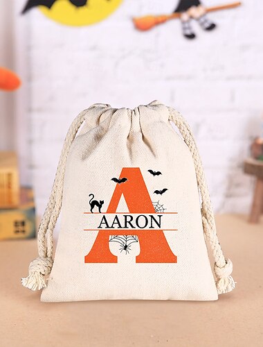  pungă personalizată cu recompense de Halloween pentru copii cu inițiale personalizate &Coșuleț de cadou cu nume pentru dulciuri, pentru trick or treat, sac de cadou din pânză rezistent pentru dulciuri