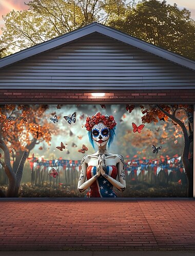  Halloween Türdekorationen Garagentorabdeckung Schädel 4. Juli Unabhängigkeitstag Außenbanner große Kulisse für Feiertags-Außen-Garagentor Home Wanddekorationen