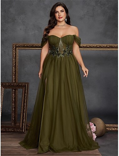  A-Linje Plus Size Klänningar Elegant Kurva Klänning Formell Bröllop Golvlängd Ärmlös Off Shoulder Chiffong Rygglös med Slits 2025