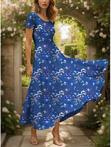  Damen Maxikleid Strickkleid Freizeitkleid Sommerkleid A Linie Kleid Elegant Urlaub Lässig Normale Passform Blumen Grafik Kurzarm Quadrathals Gelb Rote Blau Purpur Sommer