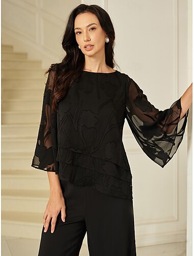  Damen Spitzenbluse Bluse Elegante Oberteile Chiffon Tops Einfarbig Blumen Grafik Elegant Stilvoll Basic Halbarm Flattrige Ärmel U-Boot-Ausschnitt Normale Oberteile Hochzeitsgast Arbeit Täglich