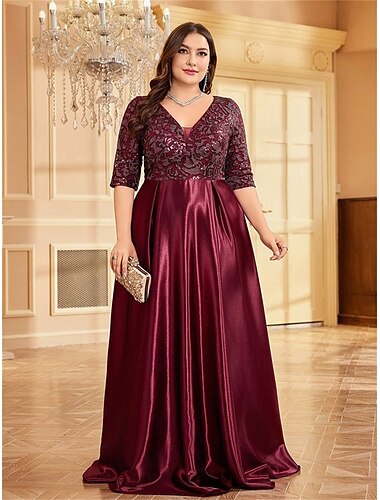  A-Linje Plus Size Klänningar Elegant Curve Klänning Formell Bröllop Golvlängd Halvärm V-Uttag Polyester med Fållar 2025