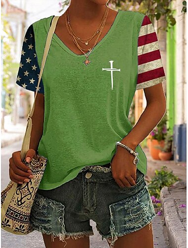  Unabhängigkeitstag Frauen Patriotisches Vierte Juli T-Shirt Grafische Flagge Stilvoll Lässig Kurzarm V-Ausschnitt Reguläre Oberteile Täglich Druck Schwarz Blau Grün Grau Sommer Frühling