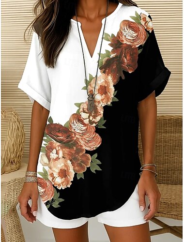  Damen Boho-Hemd Blumen Grafik Elegant Täglich Stilvoll Kurzarm V Ausschnitt Normale Oberteile Täglich Ferien Strandbekleidung Schwarz Blau Himmelblau Orange Sommer Frühling