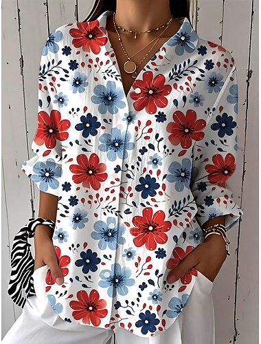  Damenhemd Hemd mit Knopfverschluss Tunika Hemdkragen Lange Ärmel Blumen Grafik Vintage Tropisch Tägliche Reguläre Oberteile Arbeit Täglich Urlaubs s Print Rot Blau Grün Frühling Herbst