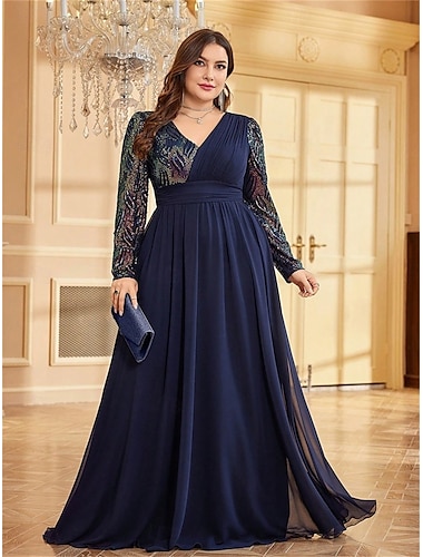  A-Linje Plus Size Klänningar Elegant Kurva Klänning Formell Bröllop Golvlängd Långa Ärmar V-Hals Chiffong med Paljetter 2025