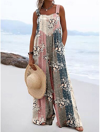  Dam Jumpsuits Aktiv Blommig Ärmlös Brett skaft Ficka Semester Gata Lös passning Rodnande Rosa Armégrön Rubinrött Sommar
