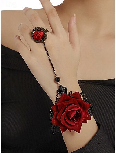  Set di bracciale e anello con rosa gotica da donna, fiore in tessuto rosso con pizzo nero e catena, perfetto per feste di Halloween, cosplay e abiti gotici vintage