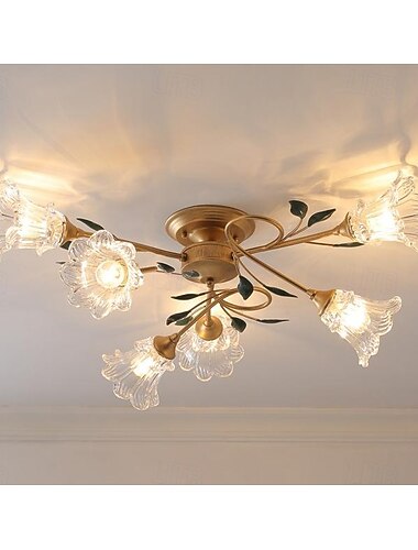  Luminária de teto floral de 6/8/10 luzes, luminária de teto semi-embutida com flor de tulipa vintage, galho de metal dourado com cúpulas de vidro fosco para sala de estar, quarto