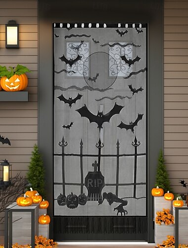  ハロウィーンのドアカバーは、屋内と屋外での使用に適した不気味で華やかな装飾で、幽霊、カボチャ、ハロウィーンのテーマが特徴です。耐久性があり、耐候性のある素材で、パーティーやトリックオアトリートに最適です。