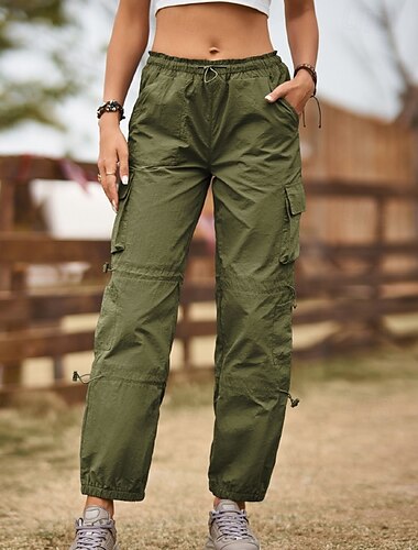  Damen Cargo-Hosen Stoffhosen Streetwear Lässig Volle Länge Natürliche Taille Einfach Tasche Elastisches Kordelzugdesign Außenbereich Bequem Outdoor Urlaub Straße Grau Schwarz Armeegrün Sommer Normale