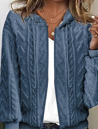  Damen Strickjacke Lässig Einfarbig Grobstrick Mit Kapuze Reißverschluss Gestrickt Langarm Normale Oberteile Stricken Ferien Ausgehen Blau Herbst Winter