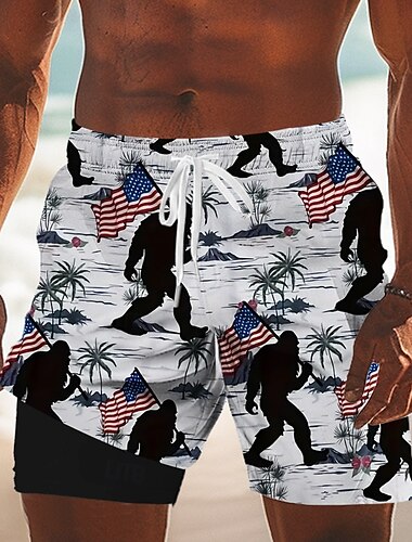  Jour de l'Indépendance Homme Drapeau américain Patriotique Plantes Tropicales Short doublé Short de bain 2 en 1 Maillots de bain Taille Moyenne Fête Poches Latérales Avec doublure de compression