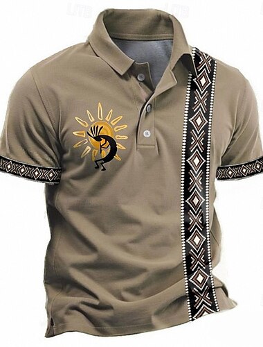  Herren Stammes Poloshirts Golfshirt Kurzarm Polo-Shirts Hemden mit Kragen Urlaubskleidung Party-Outfits Knöpfe 3D-Druck Sommer Frühling Blau Grün Khaki