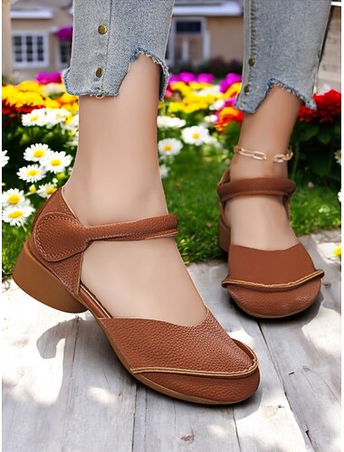  Damesschoenen met brede neus en lage hak, comfortabele platte schoenen van bruin imitatieleer, ideaal voor tuinwandelingen, boerderijbezoeken en dagelijkse boodschappen